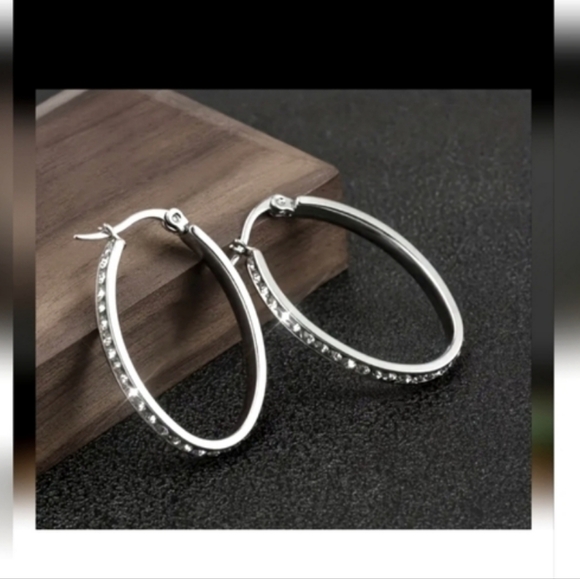 Stainless Steel CZ Women's Hoop Earrings - Picture 3 of 3